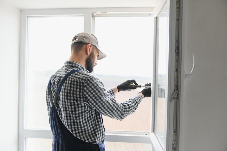 Worker performing professional door glass repair