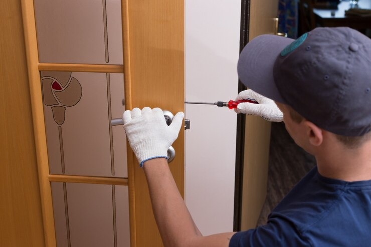 Man fixing sliding door.