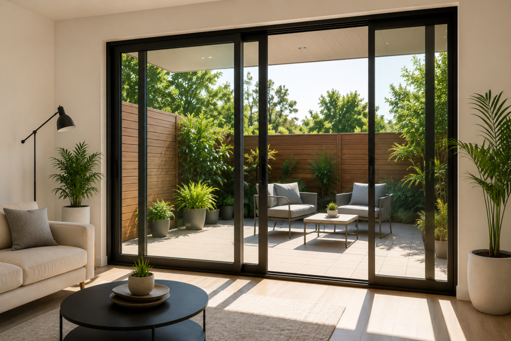 Sliding glass patio door in a modern Sydney home showing smooth track alignment and clear safety glass, ideal for sliding door repair service.