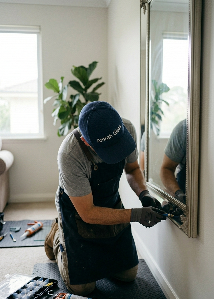 Professional glazier wearing an Amrah Glass cap repairing a large wall mirror inside a home in Sydney.