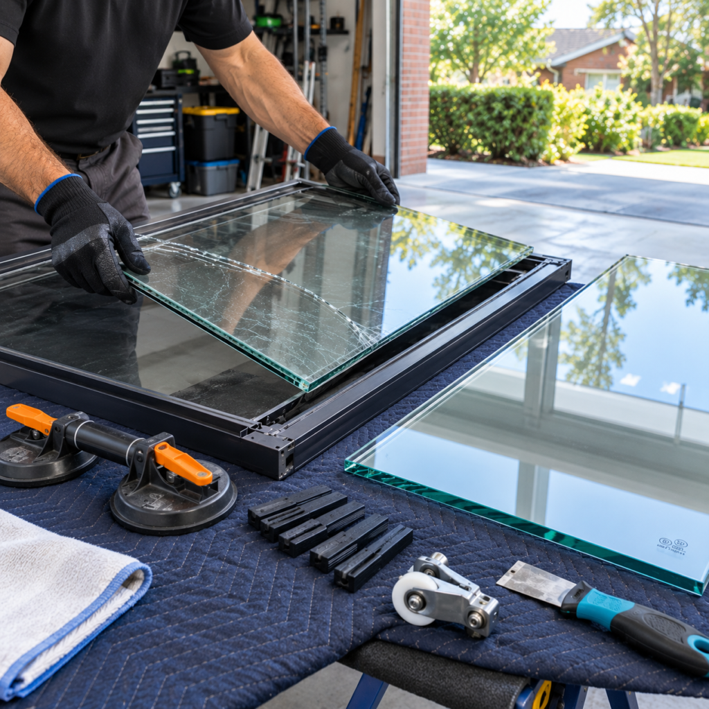 Glazier replacing a cracked glass panel in an aluminium sliding door